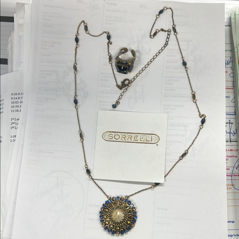 Sorrelli Gold and Blue Vintage-Inspired Necklace and ring